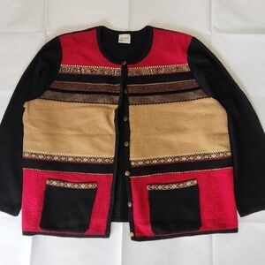 Vintage Koret Red and Black Embroidered Cardigan Sweater For Women